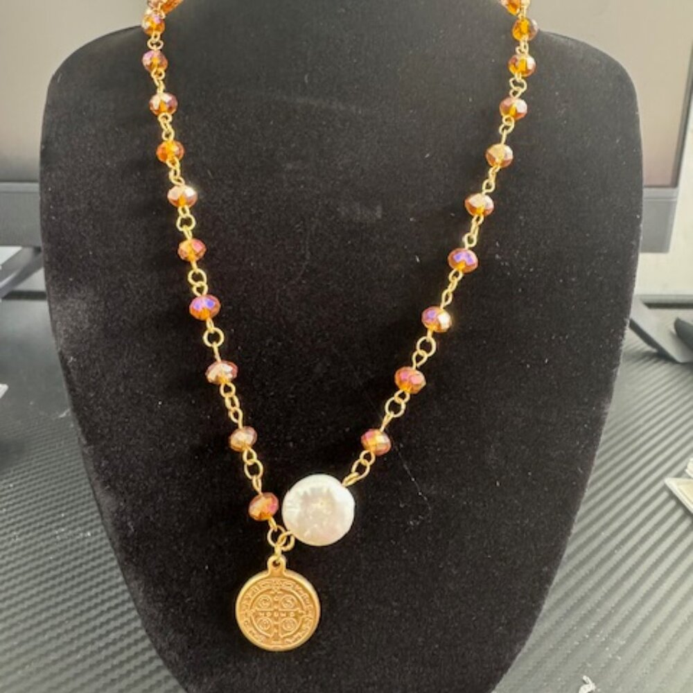 Boho Faith Necklace – Saint Benedict, Nacre Charm & Color Beads